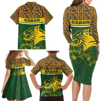 Gabon Family Matching Long Sleeve Bodycon Dress and Hawaiian Shirt with Tribal Print and Fierce Panther Graphic in National Flag Colors - Wonder Print Shop