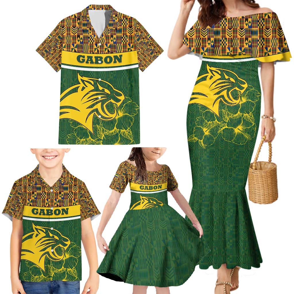 Gabon Family Matching Mermaid Dress and Hawaiian Shirt with Tribal Print and Fierce Panther Graphic in National Flag Colors - Wonder Print Shop
