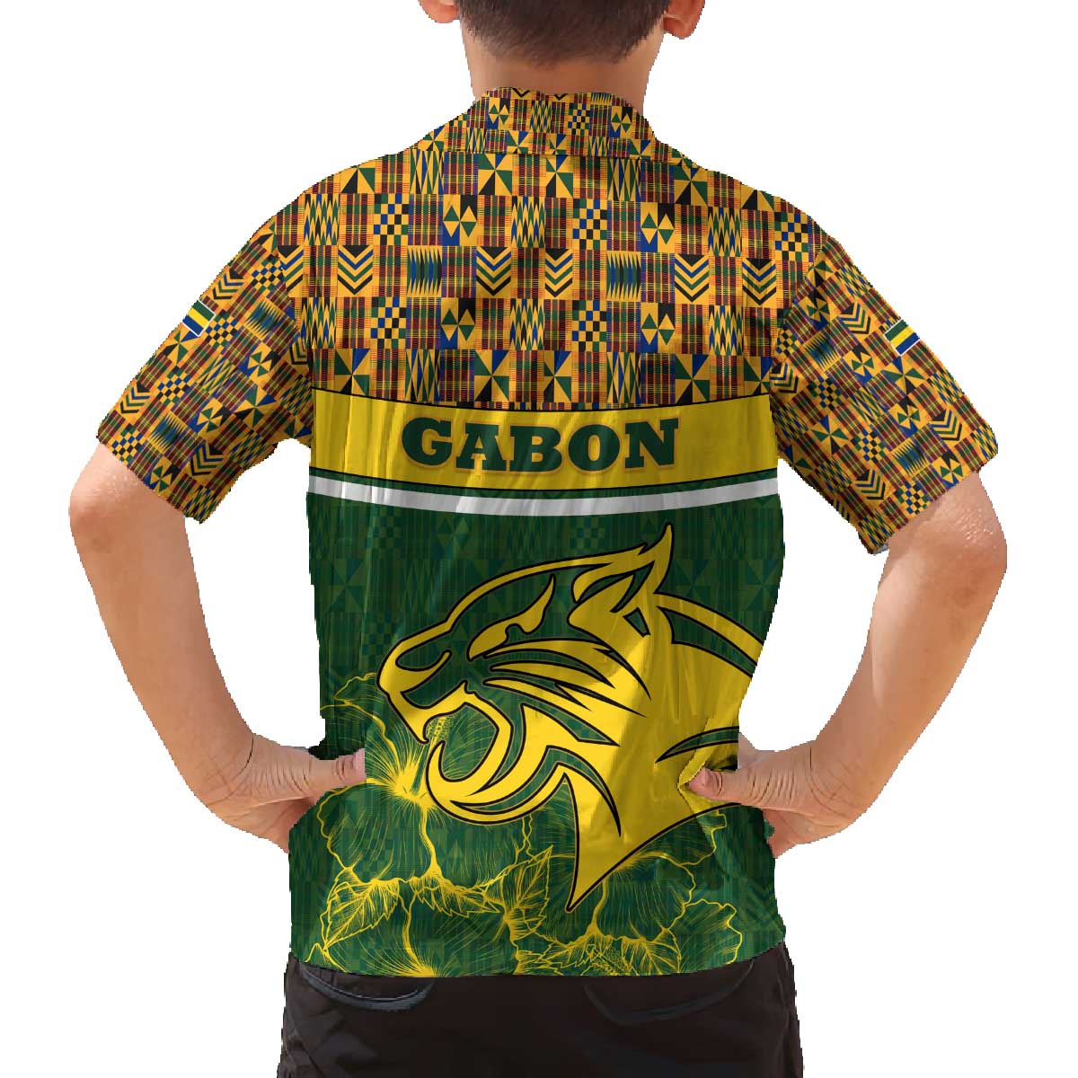Gabon Family Matching Off The Shoulder Long Sleeve Dress and Hawaiian Shirt with Tribal Print and Fierce Panther Graphic in National Flag Colors - Wonder Print Shop