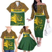 Gabon Family Matching Off The Shoulder Long Sleeve Dress and Hawaiian Shirt with Tribal Print and Fierce Panther Graphic in National Flag Colors - Wonder Print Shop
