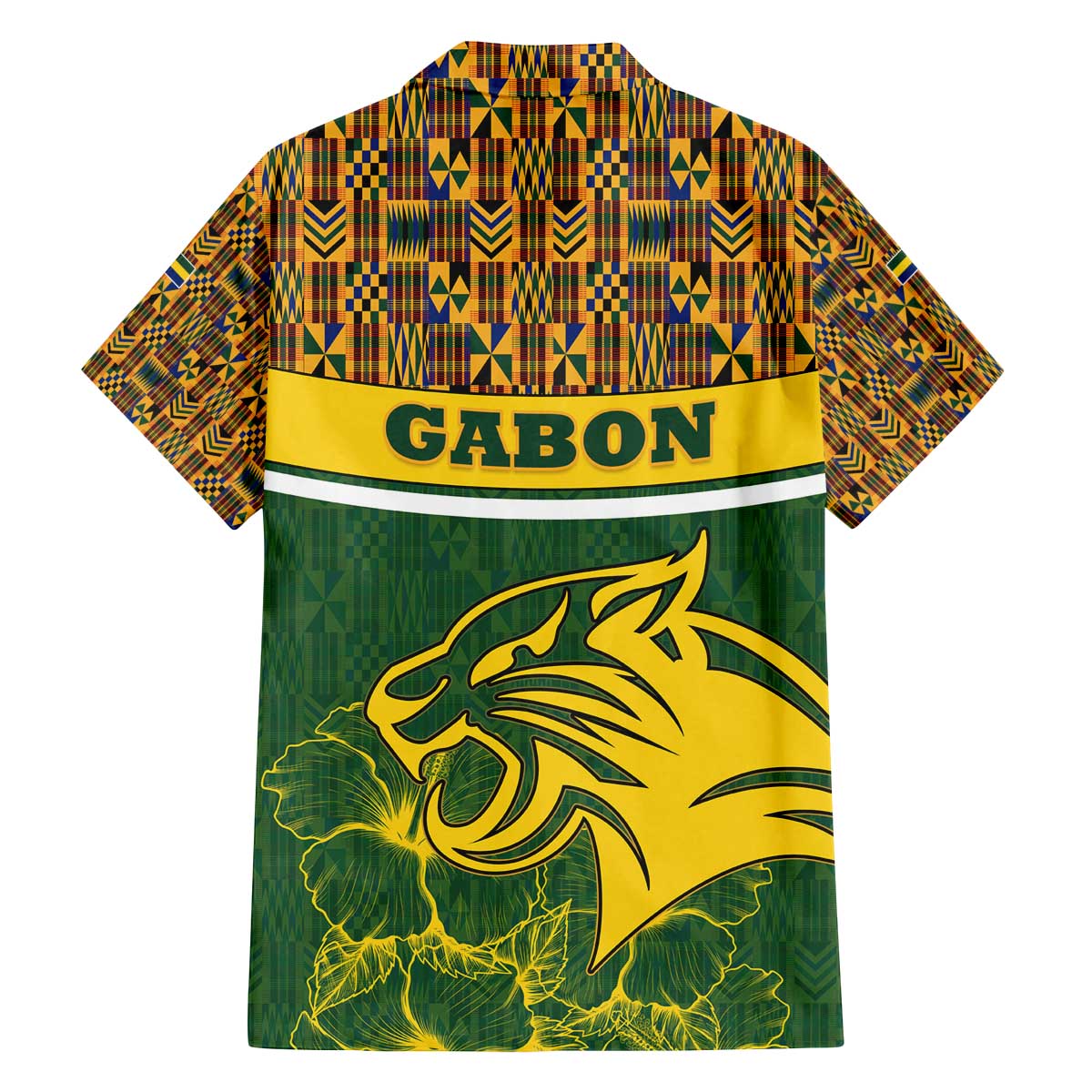 Gabon Family Matching Off The Shoulder Long Sleeve Dress and Hawaiian Shirt with Tribal Print and Fierce Panther Graphic in National Flag Colors - Wonder Print Shop
