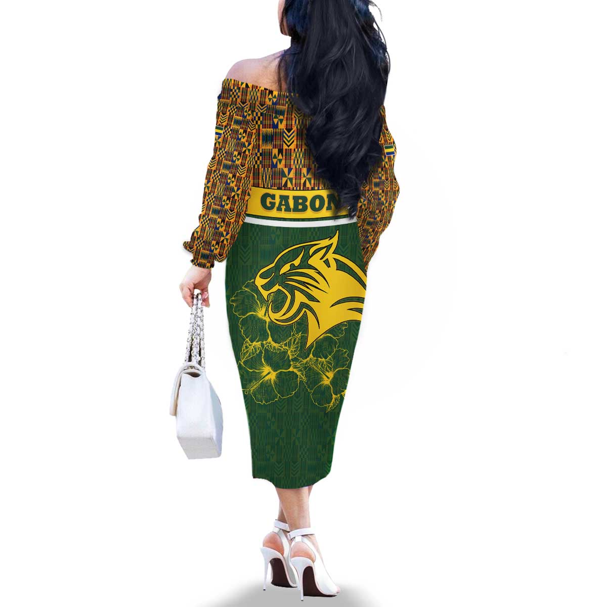 Gabon Family Matching Off The Shoulder Long Sleeve Dress and Hawaiian Shirt with Tribal Print and Fierce Panther Graphic in National Flag Colors - Wonder Print Shop