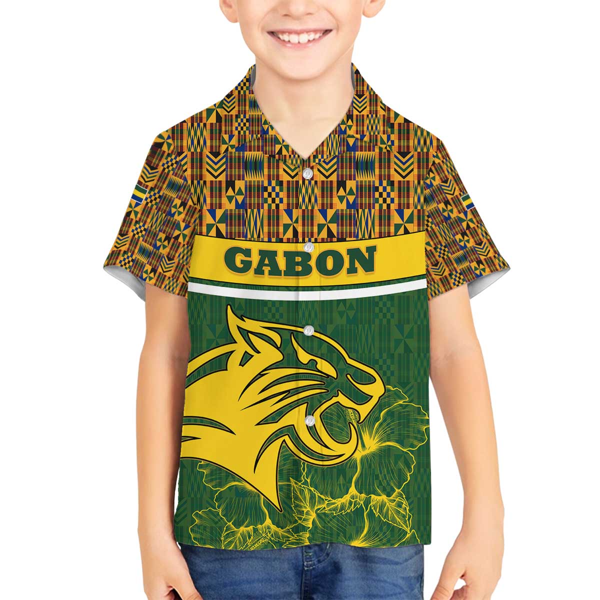 Gabon Family Matching Off The Shoulder Long Sleeve Dress and Hawaiian Shirt with Tribal Print and Fierce Panther Graphic in National Flag Colors - Wonder Print Shop
