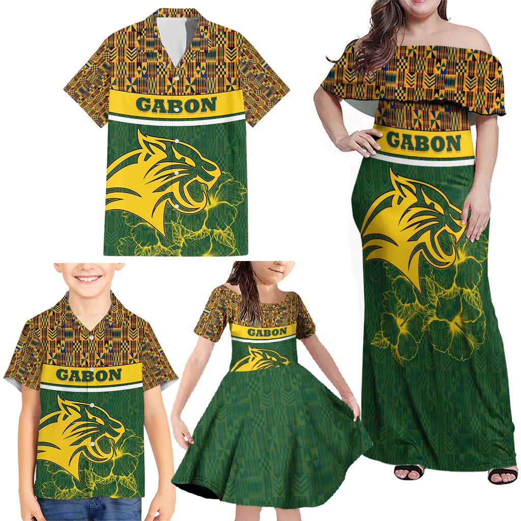 Gabon Family Matching Off Shoulder Maxi Dress and Hawaiian Shirt with Tribal Print and Fierce Panther Graphic in National Flag Colors - Wonder Print Shop