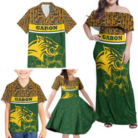 Gabon Family Matching Off Shoulder Maxi Dress and Hawaiian Shirt with Tribal Print and Fierce Panther Graphic in National Flag Colors - Wonder Print Shop