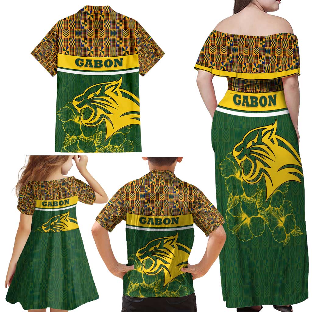 Gabon Family Matching Off Shoulder Maxi Dress and Hawaiian Shirt with Tribal Print and Fierce Panther Graphic in National Flag Colors - Wonder Print Shop