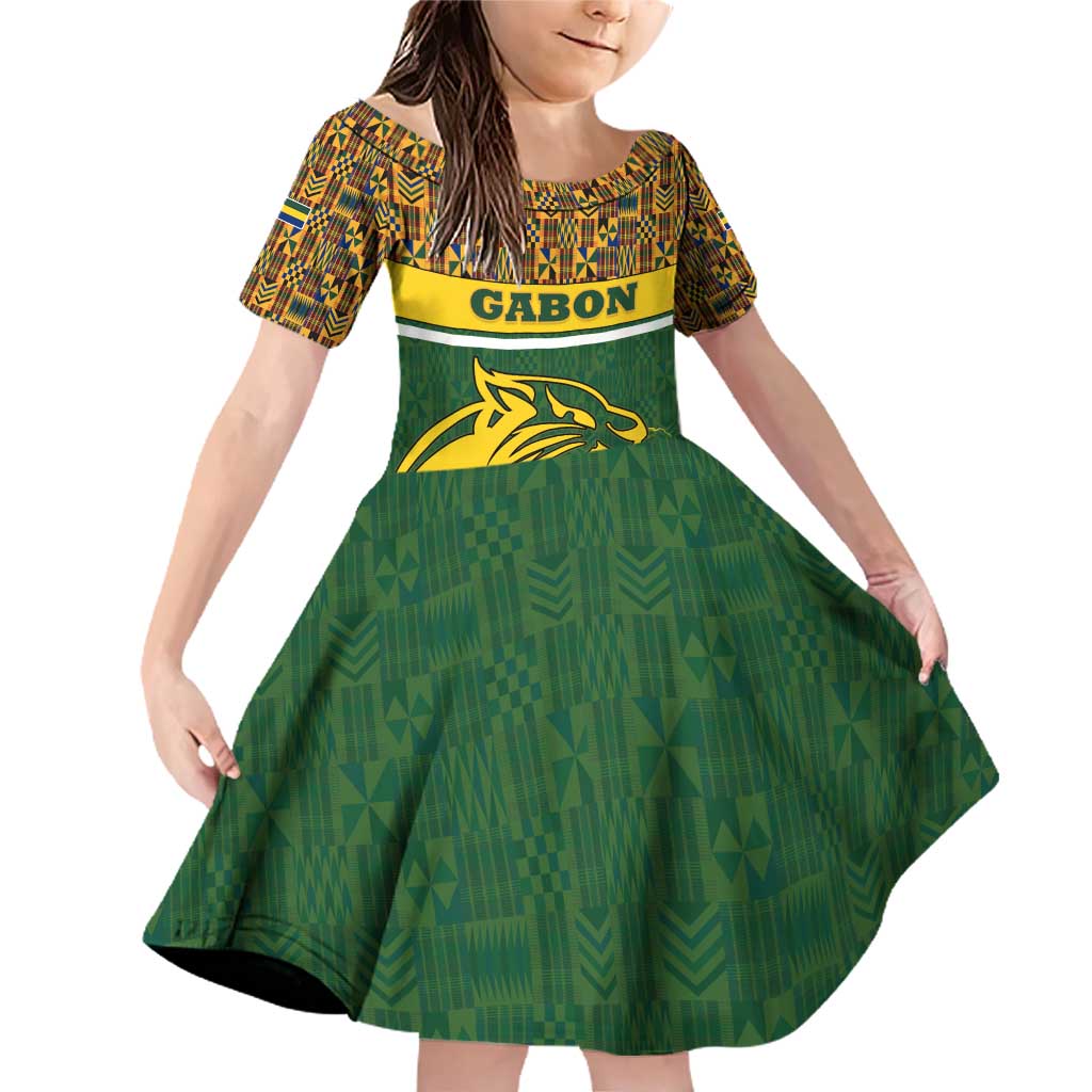 Gabon Family Matching Off Shoulder Short Dress and Hawaiian Shirt with Tribal Print and Fierce Panther Graphic in National Flag Colors - Wonder Print Shop