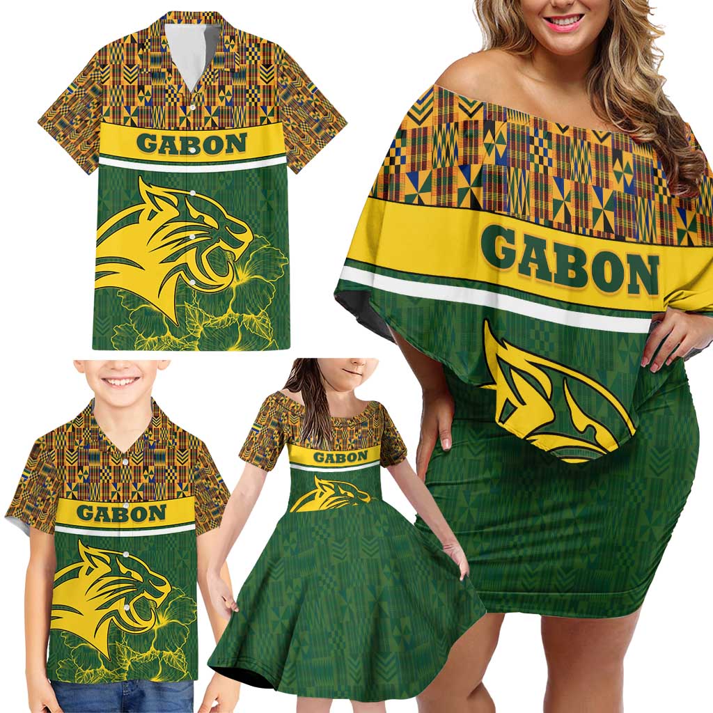 Gabon Family Matching Off Shoulder Short Dress and Hawaiian Shirt with Tribal Print and Fierce Panther Graphic in National Flag Colors - Wonder Print Shop