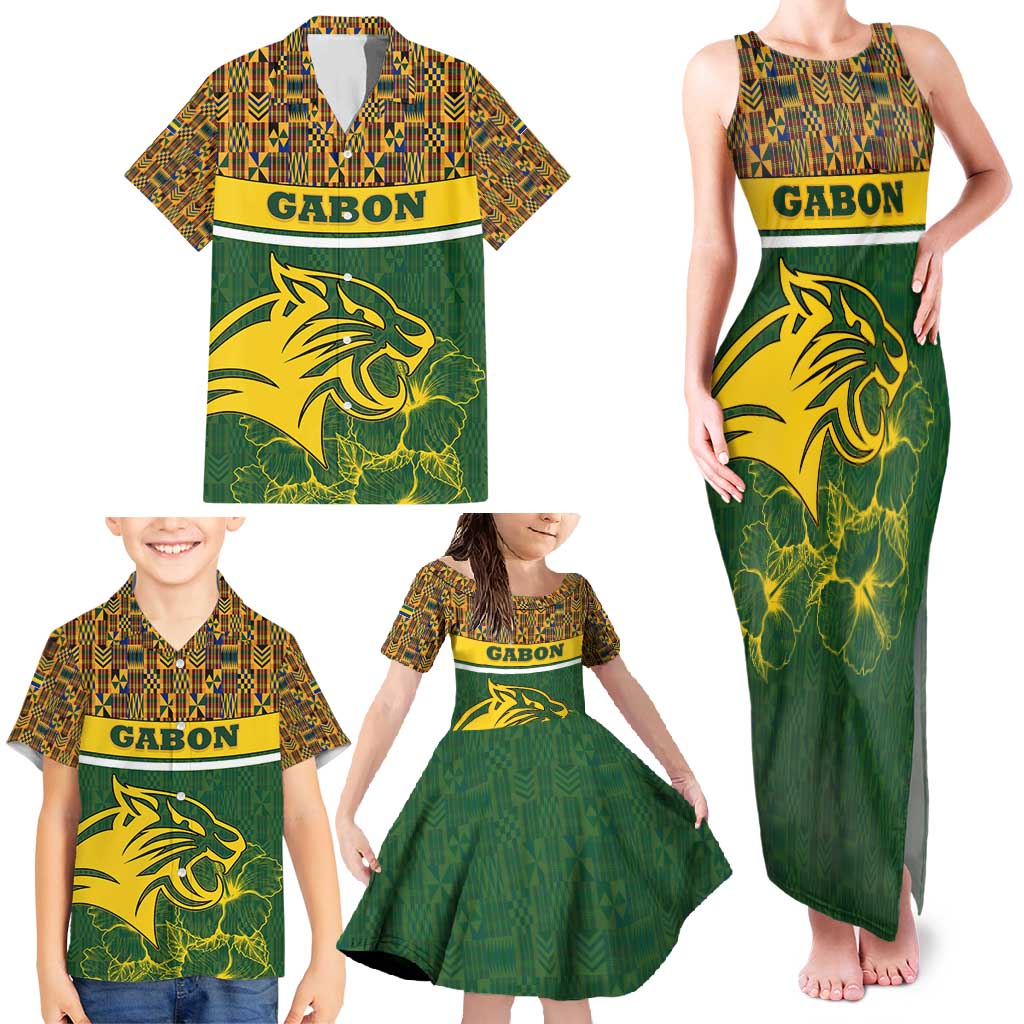Gabon Family Matching Tank Maxi Dress and Hawaiian Shirt with Tribal Print and Fierce Panther Graphic in National Flag Colors - Wonder Print Shop