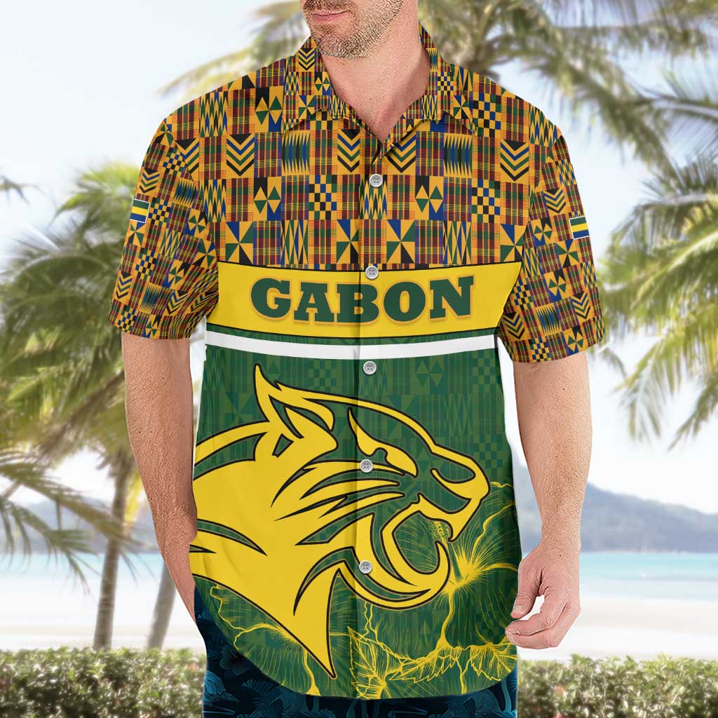 Gabon Hawaiian Shirt with Tribal Print and Fierce Panther Graphic in National Flag Colors - Wonder Print Shop