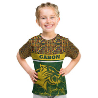 Gabon Kid T Shirt with Tribal Print and Fierce Panther Graphic in National Flag Colors - Wonder Print Shop