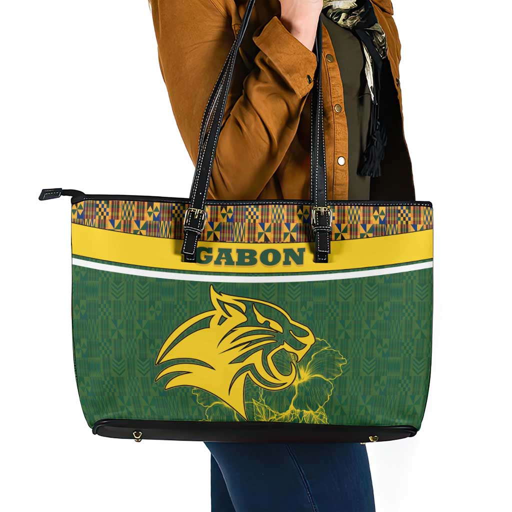 Gabon Leather Tote Bag with Tribal Print and Fierce Panther Graphic in National Flag Colors - Wonder Print Shop