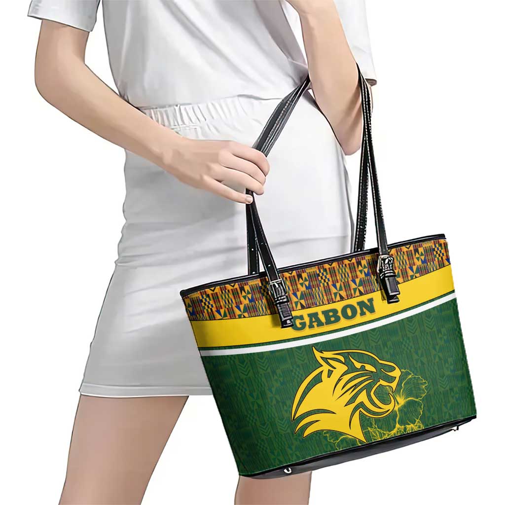 Gabon Leather Tote Bag with Tribal Print and Fierce Panther Graphic in National Flag Colors - Wonder Print Shop