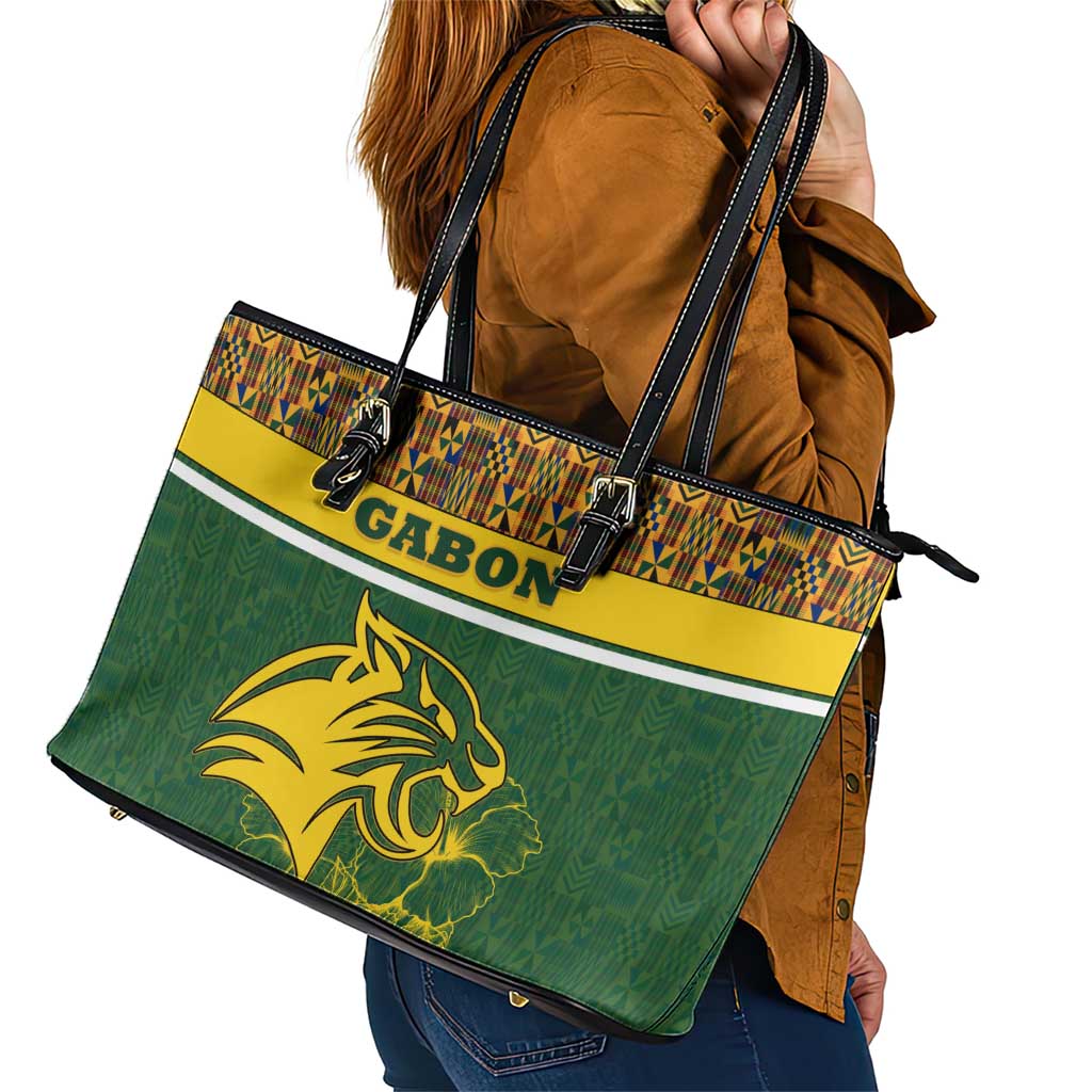 Gabon Leather Tote Bag with Tribal Print and Fierce Panther Graphic in National Flag Colors - Wonder Print Shop