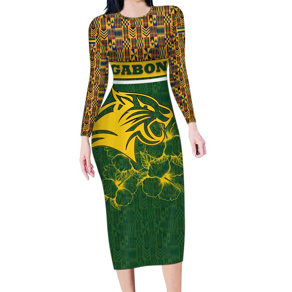 Gabon Long Sleeve Bodycon Dress with Tribal Print and Fierce Panther Graphic in National Flag Colors - Wonder Print Shop