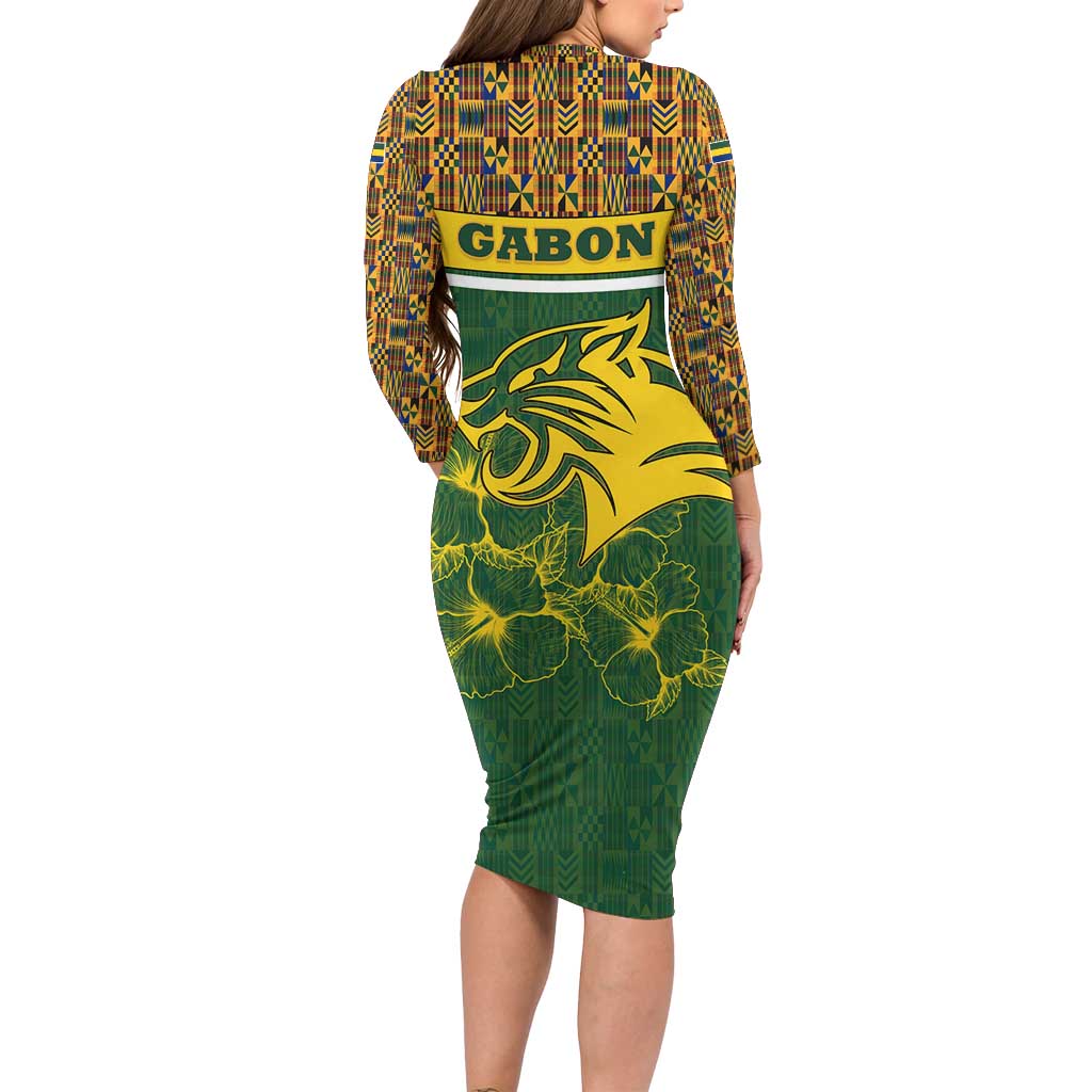 Gabon Long Sleeve Bodycon Dress with Tribal Print and Fierce Panther Graphic in National Flag Colors - Wonder Print Shop