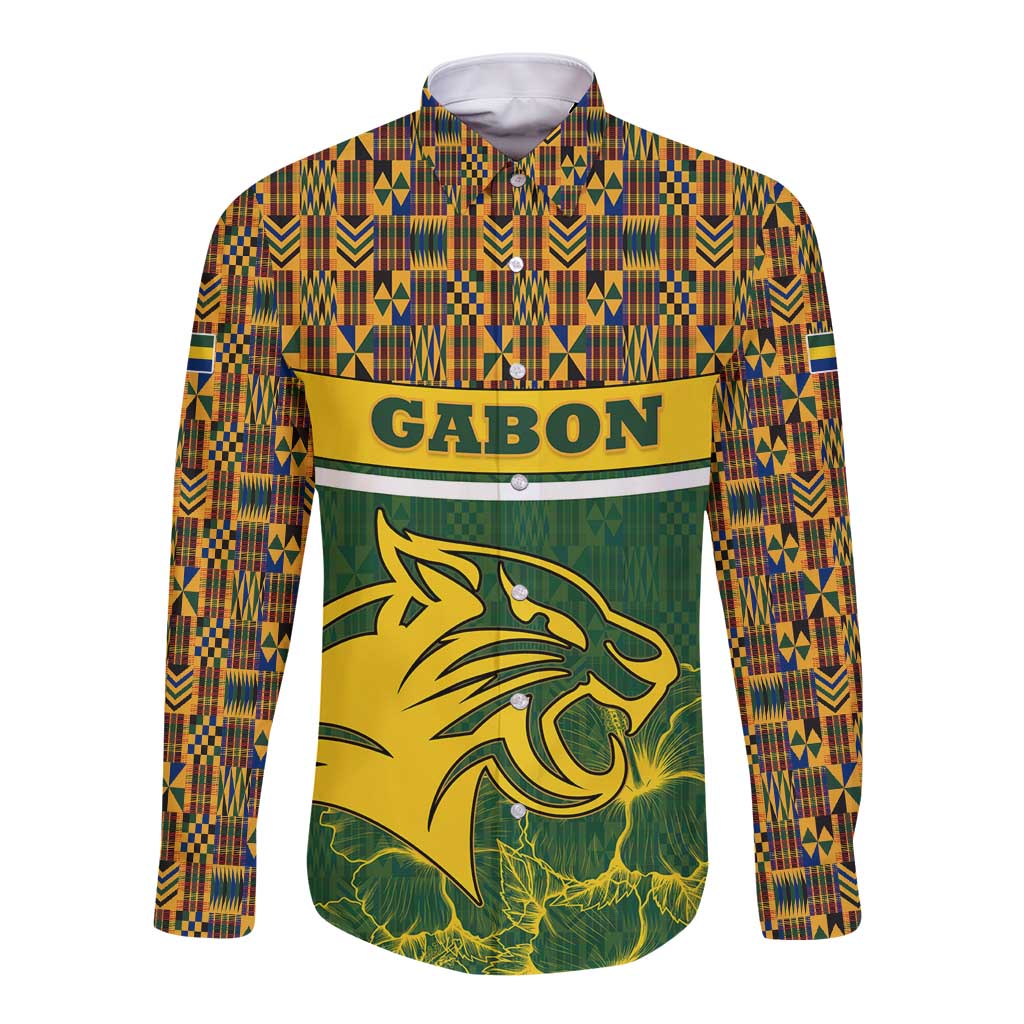 Gabon Long Sleeve Button Shirt with Tribal Print and Fierce Panther Graphic in National Flag Colors - Wonder Print Shop