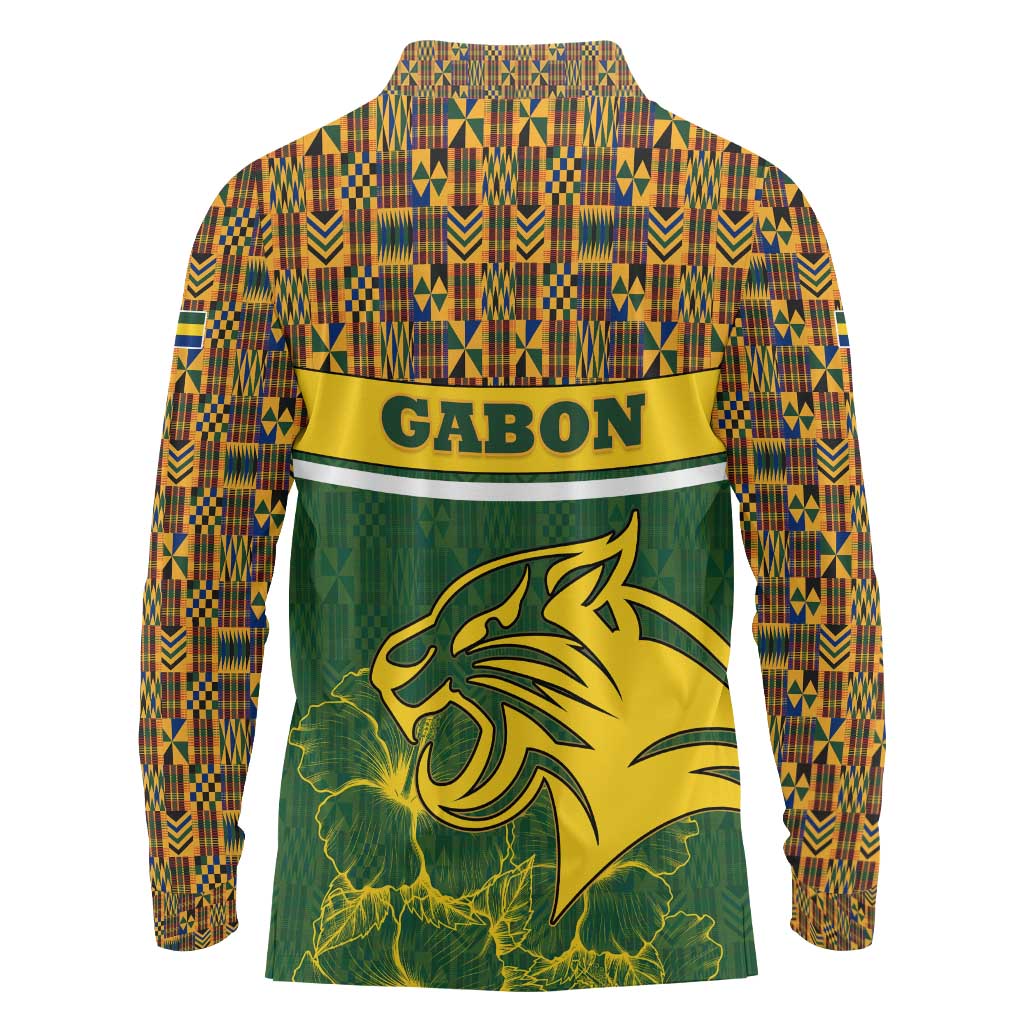 Gabon Long Sleeve Polo Shirt with Tribal Print and Fierce Panther Graphic in National Flag Colors - Wonder Print Shop