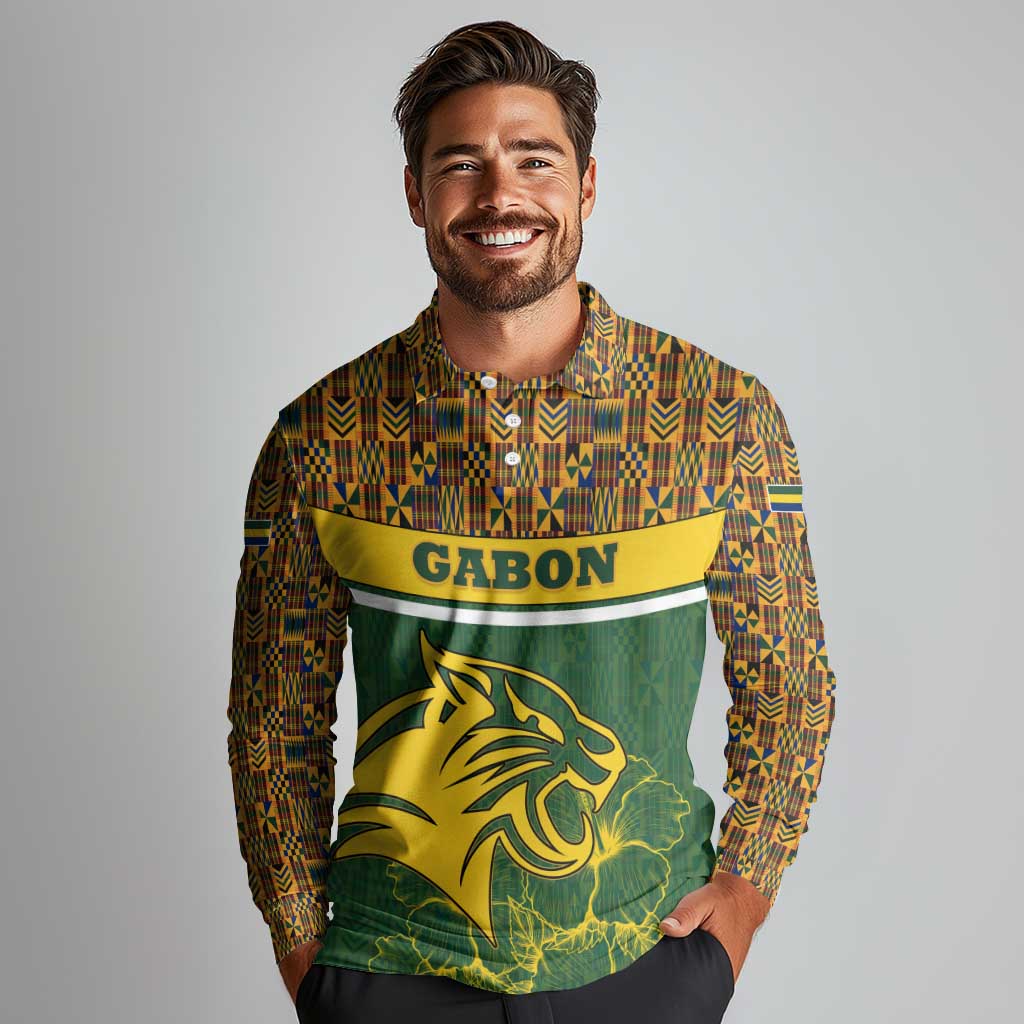 Gabon Long Sleeve Polo Shirt with Tribal Print and Fierce Panther Graphic in National Flag Colors - Wonder Print Shop