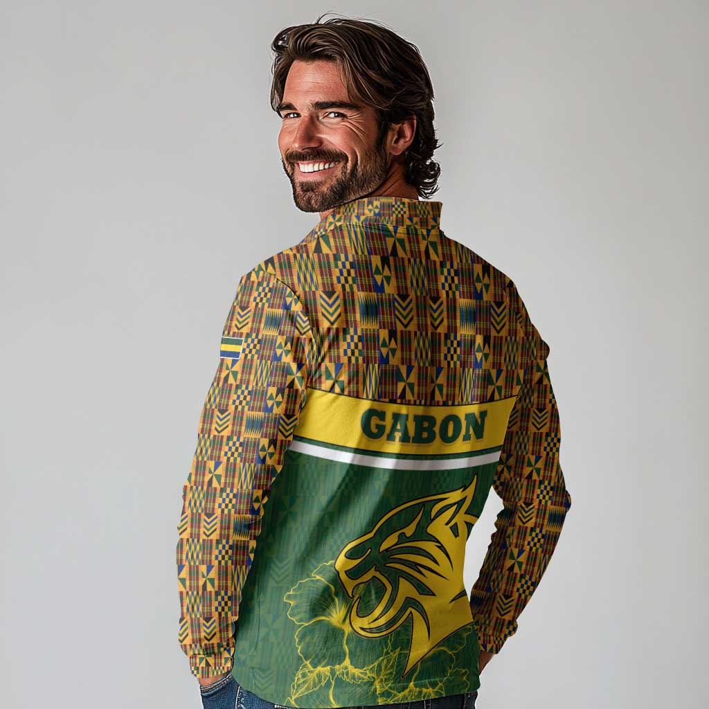 Gabon Long Sleeve Polo Shirt with Tribal Print and Fierce Panther Graphic in National Flag Colors - Wonder Print Shop