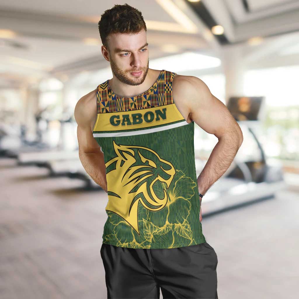 Gabon Men Tank Top with Tribal Print and Fierce Panther Graphic in National Flag Colors - Wonder Print Shop