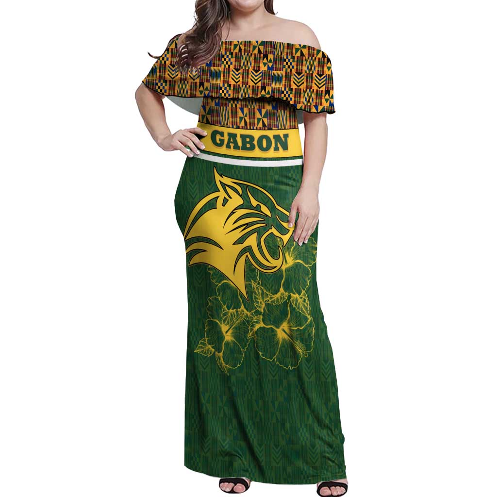 Gabon Off Shoulder Maxi Dress with Tribal Print and Fierce Panther Graphic in National Flag Colors - Wonder Print Shop