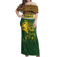 Gabon Off Shoulder Maxi Dress with Tribal Print and Fierce Panther Graphic in National Flag Colors - Wonder Print Shop
