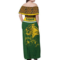 Gabon Off Shoulder Maxi Dress with Tribal Print and Fierce Panther Graphic in National Flag Colors - Wonder Print Shop