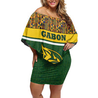 Gabon Off Shoulder Short Dress with Tribal Print and Fierce Panther Graphic in National Flag Colors - Wonder Print Shop