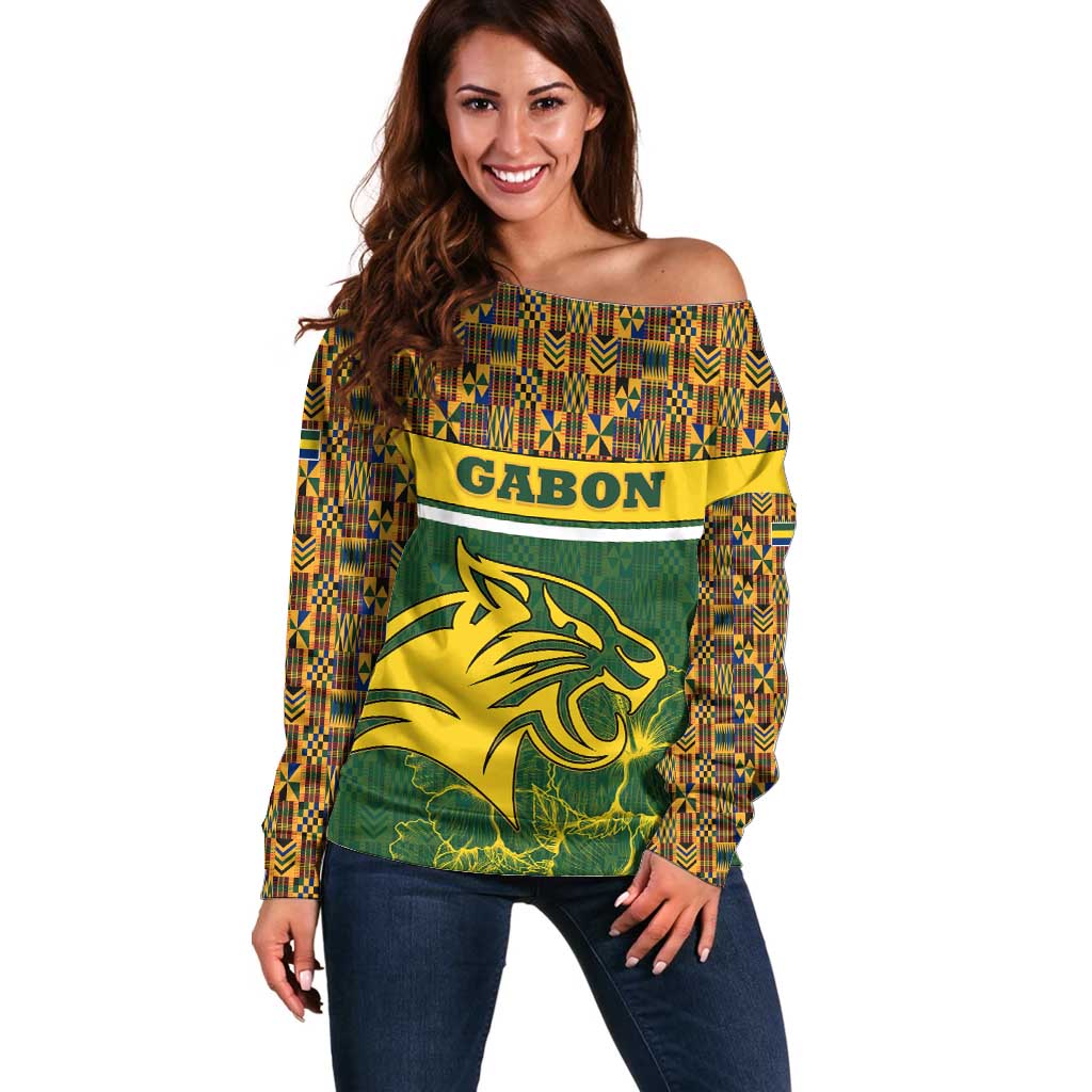 Gabon Off Shoulder Sweater with Tribal Print and Fierce Panther Graphic in National Flag Colors - Wonder Print Shop