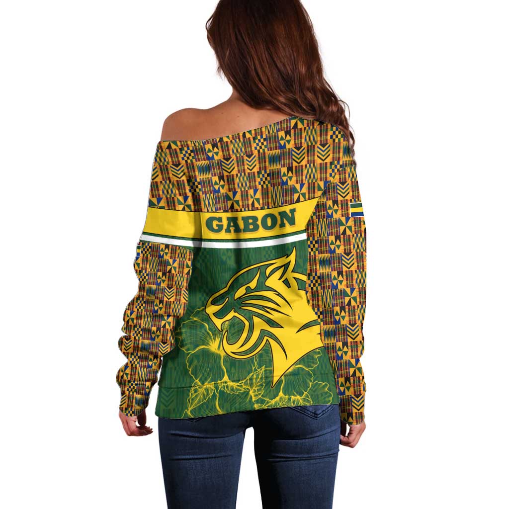 Gabon Off Shoulder Sweater with Tribal Print and Fierce Panther Graphic in National Flag Colors - Wonder Print Shop