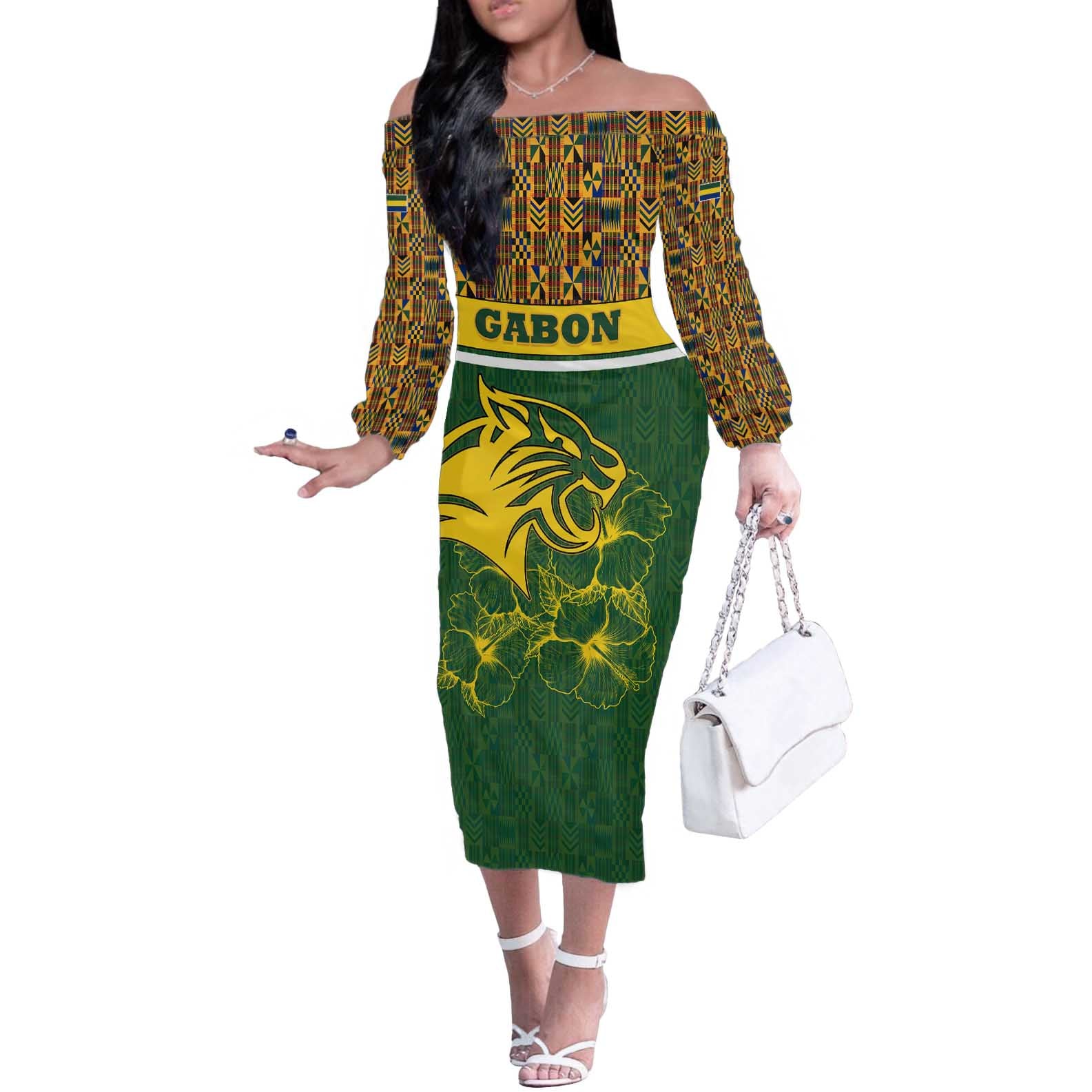 Gabon Off The Shoulder Long Sleeve Dress with Tribal Print and Fierce Panther Graphic in National Flag Colors - Wonder Print Shop