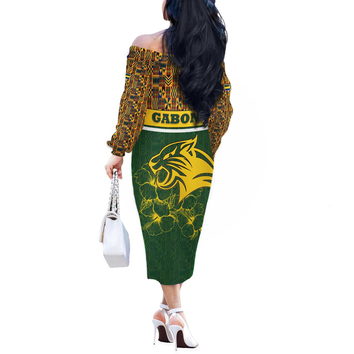 Gabon Off The Shoulder Long Sleeve Dress with Tribal Print and Fierce Panther Graphic in National Flag Colors - Wonder Print Shop