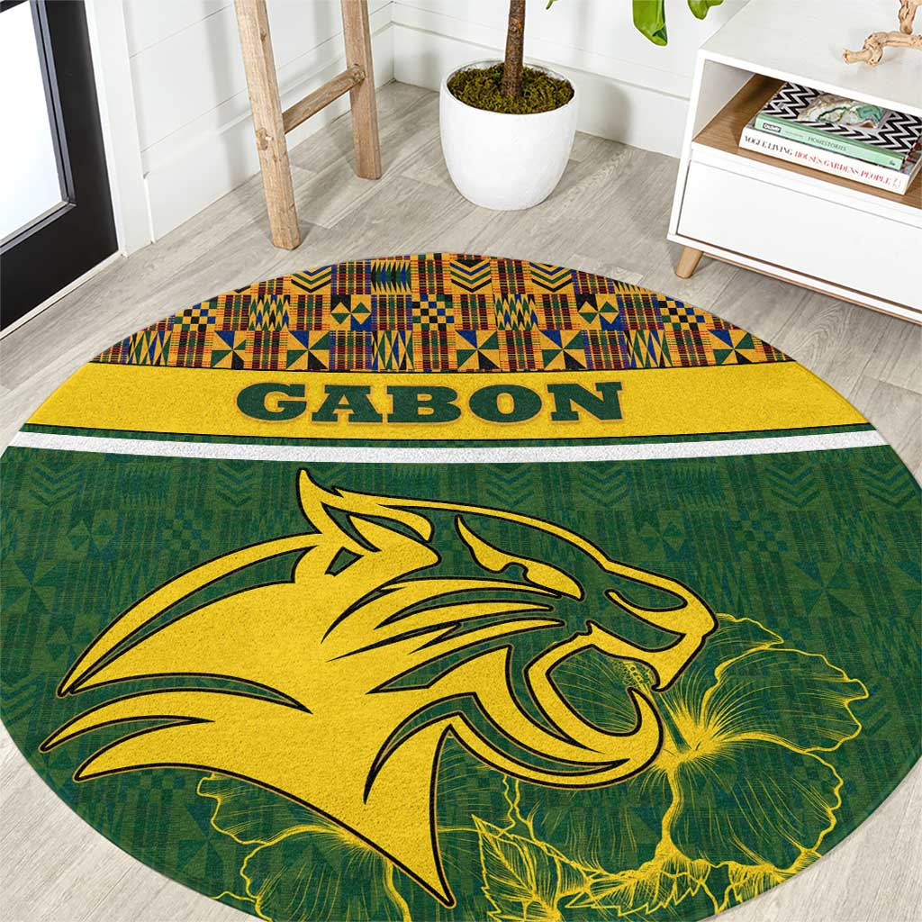 Gabon Round Carpet with Tribal Print and Fierce Panther Graphic in National Flag Colors - Wonder Print Shop