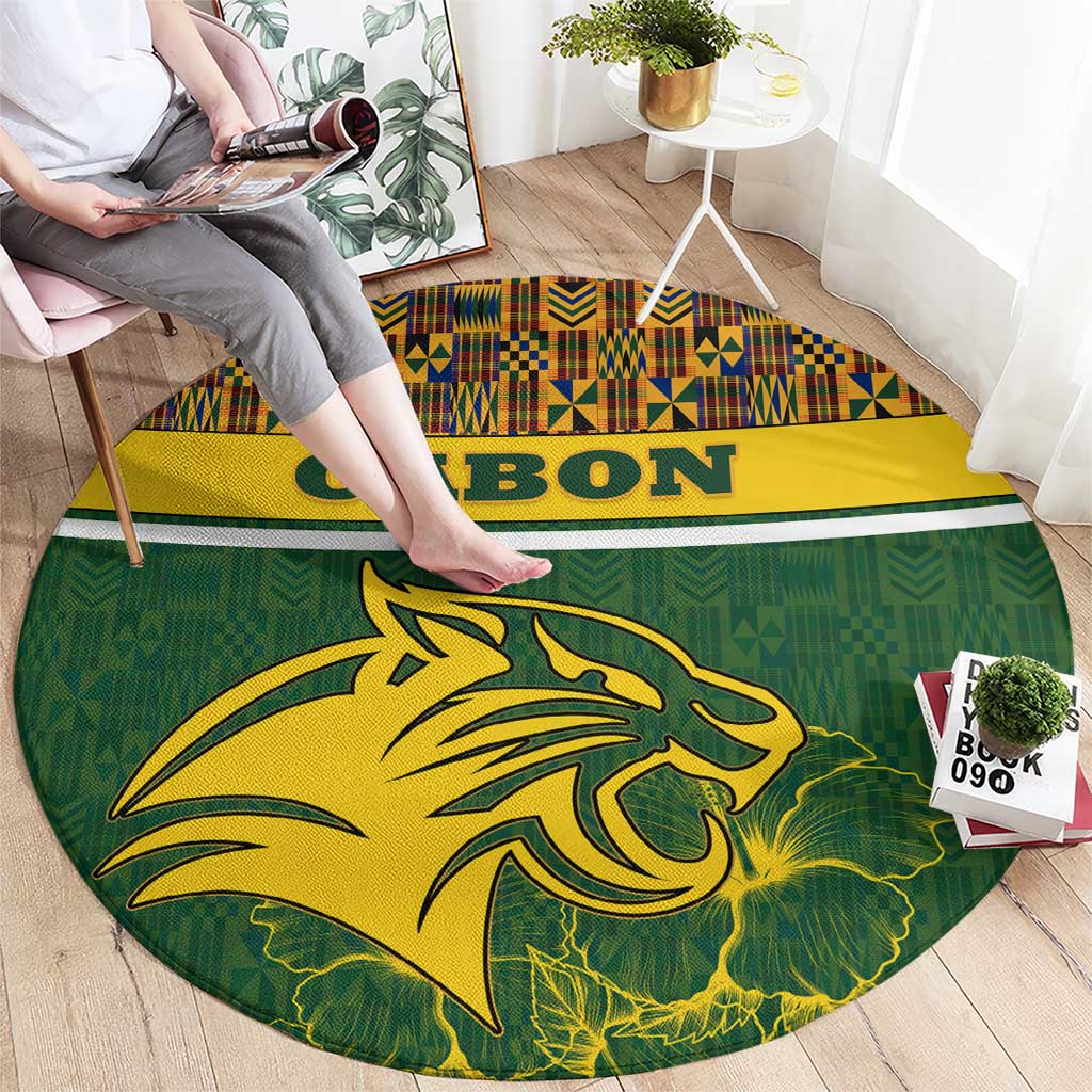Gabon Round Carpet with Tribal Print and Fierce Panther Graphic in National Flag Colors - Wonder Print Shop