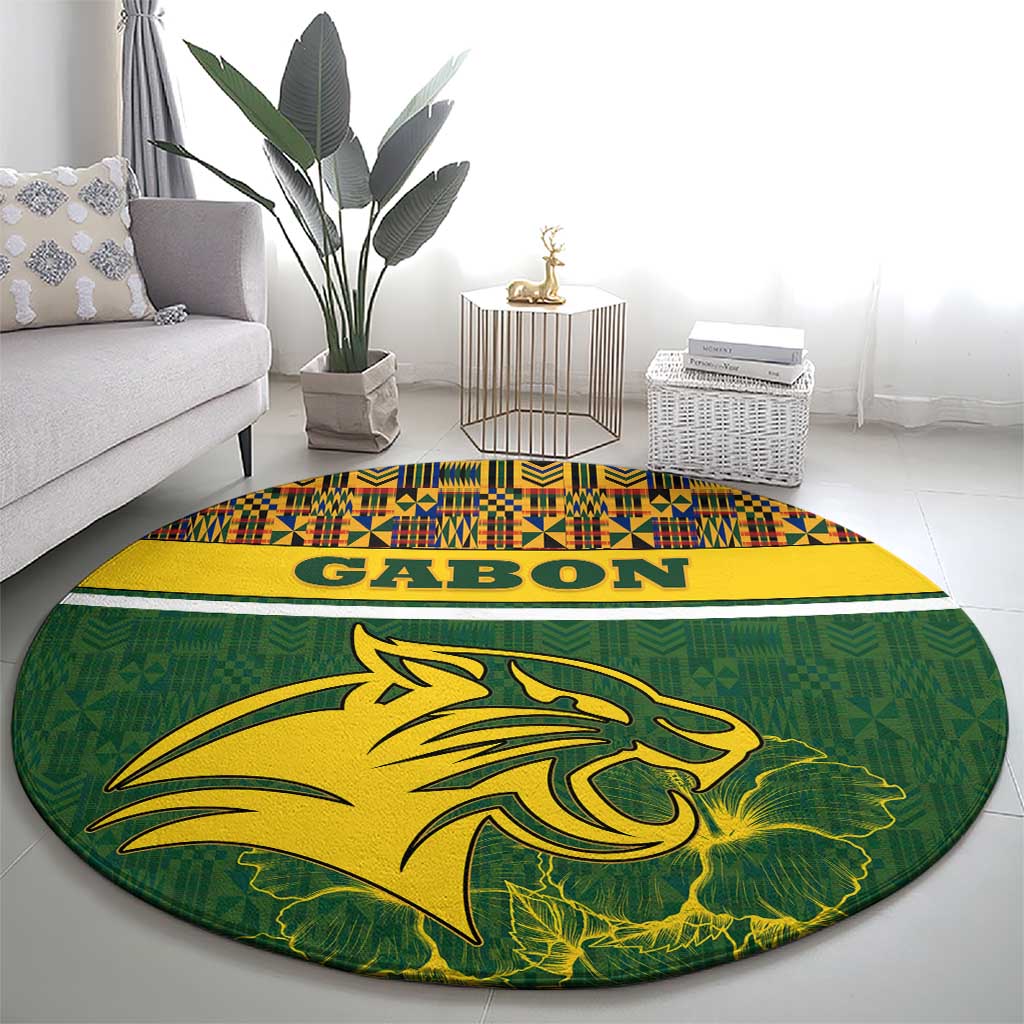 Gabon Round Carpet with Tribal Print and Fierce Panther Graphic in National Flag Colors - Wonder Print Shop