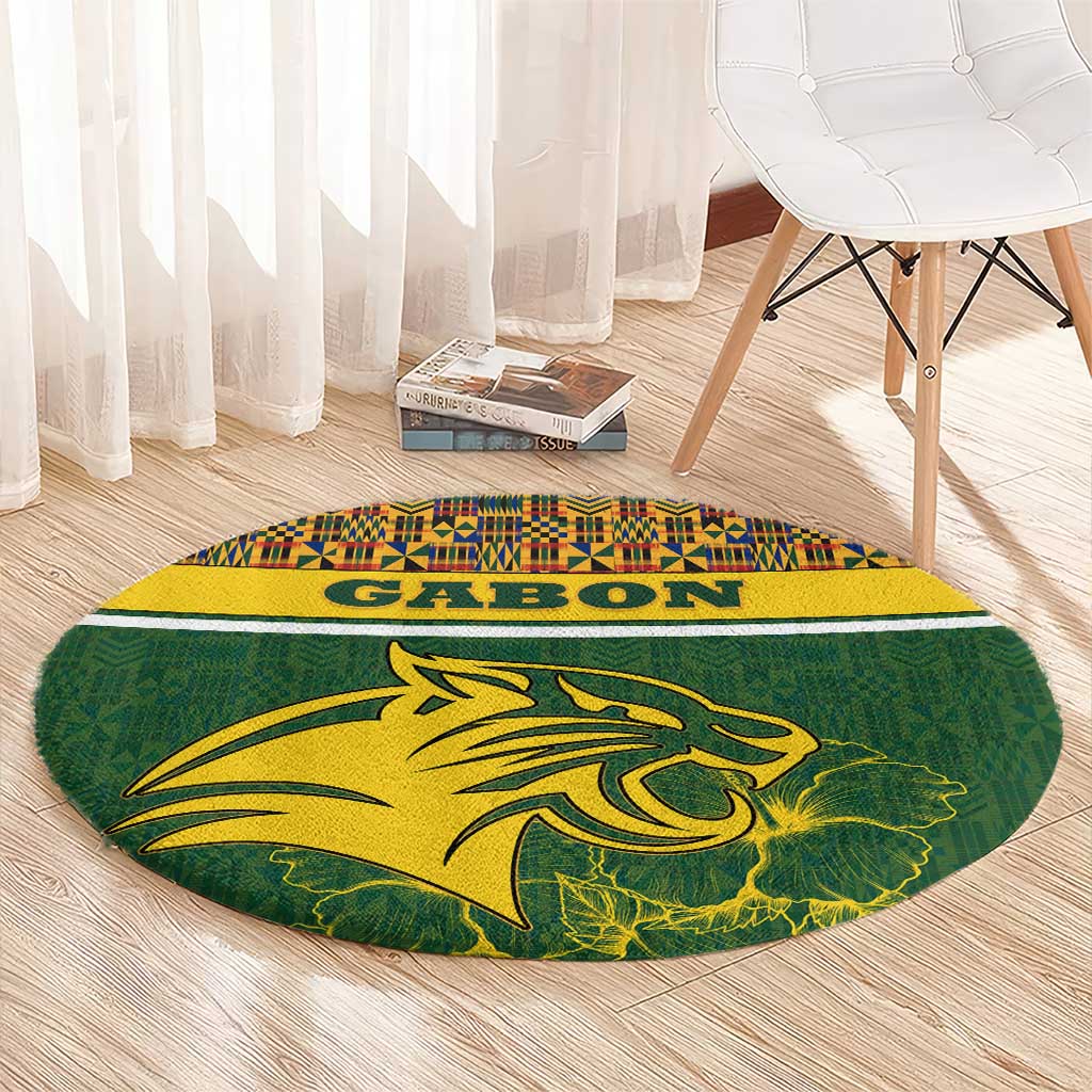 Gabon Round Carpet with Tribal Print and Fierce Panther Graphic in National Flag Colors - Wonder Print Shop