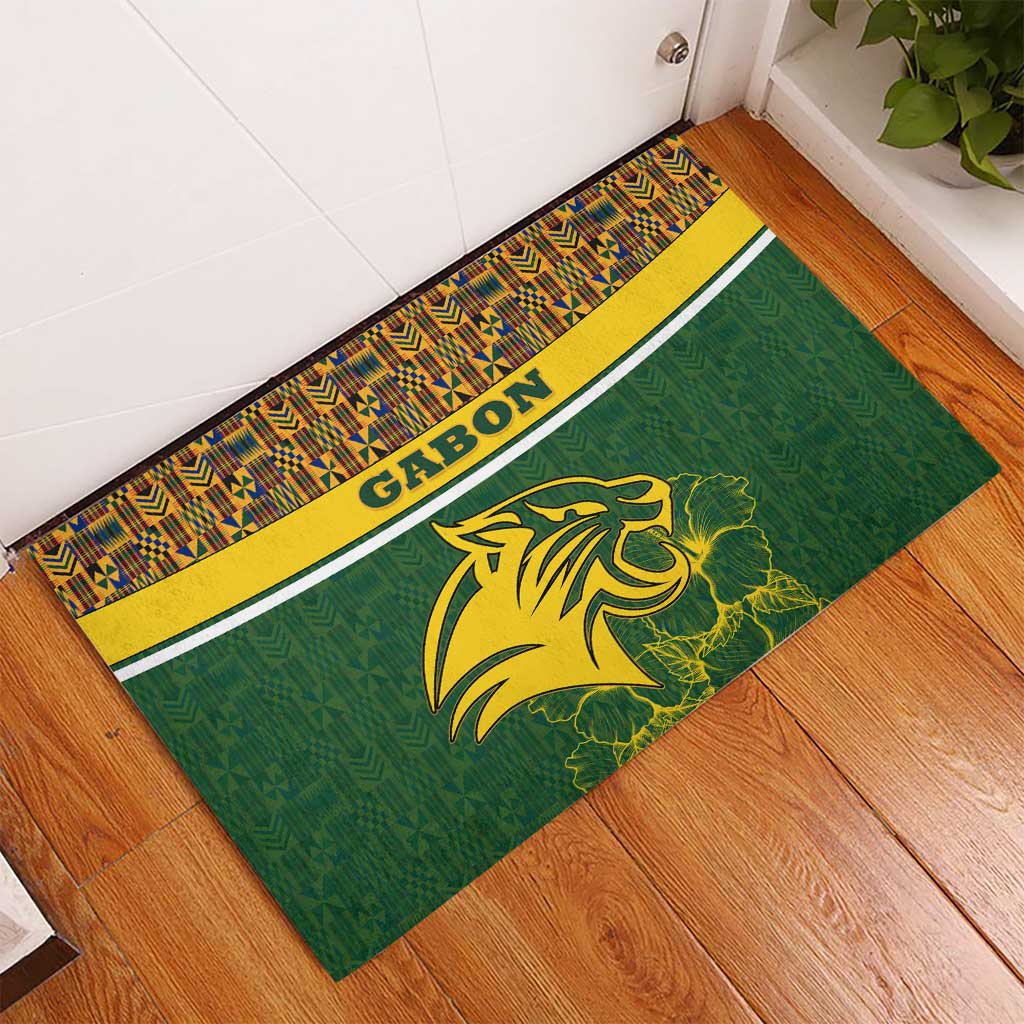 Gabon Rubber Doormat with Tribal Print and Fierce Panther Graphic in National Flag Colors - Wonder Print Shop
