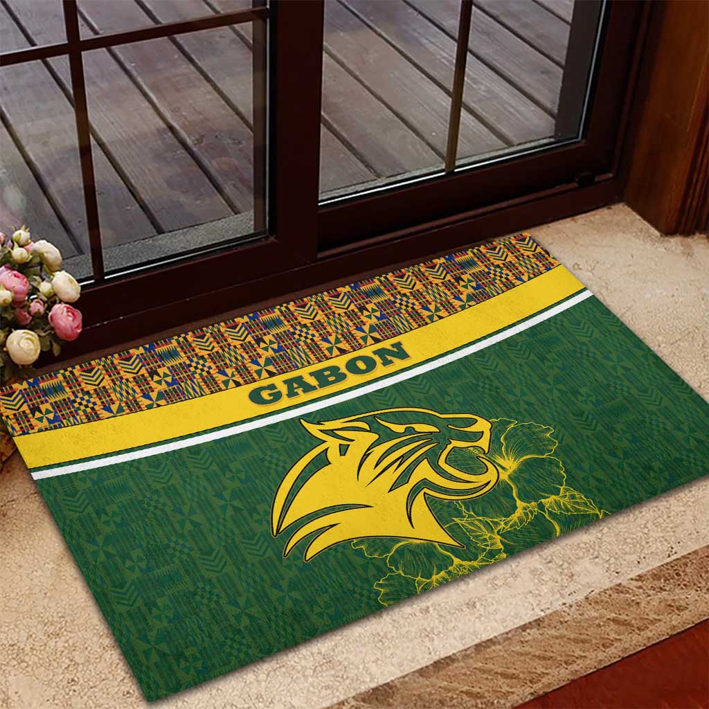 Gabon Rubber Doormat with Tribal Print and Fierce Panther Graphic in National Flag Colors - Wonder Print Shop