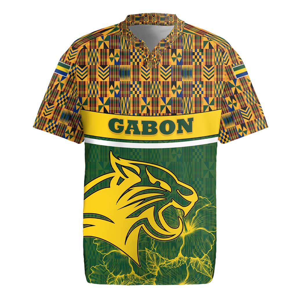 Gabon Rugby Jersey with Tribal Print and Fierce Panther Graphic in National Flag Colors - Wonder Print Shop