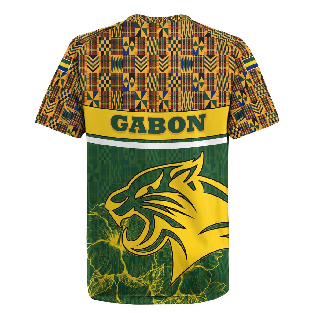 Gabon Rugby Jersey with Tribal Print and Fierce Panther Graphic in National Flag Colors - Wonder Print Shop