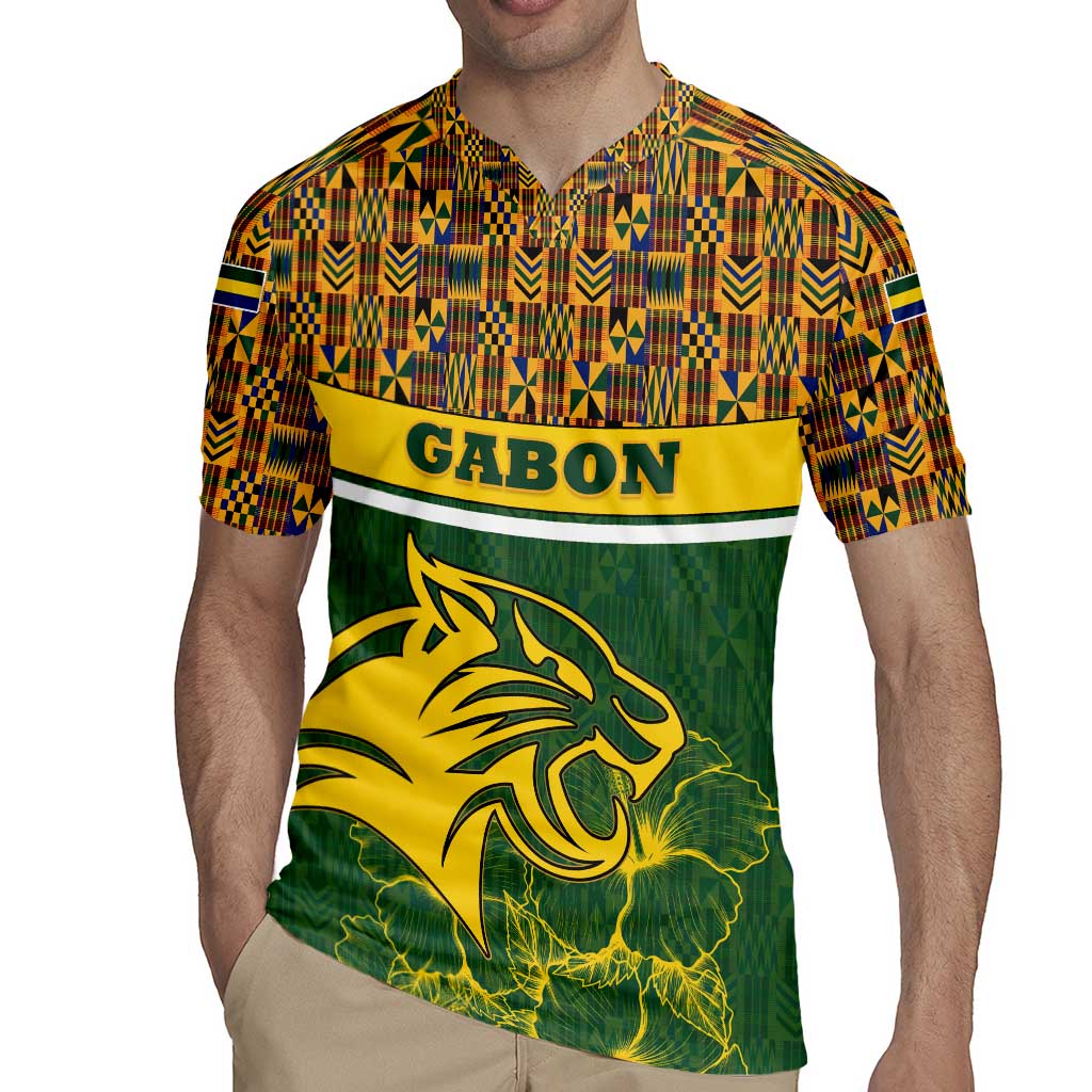 Gabon Rugby Jersey with Tribal Print and Fierce Panther Graphic in National Flag Colors - Wonder Print Shop