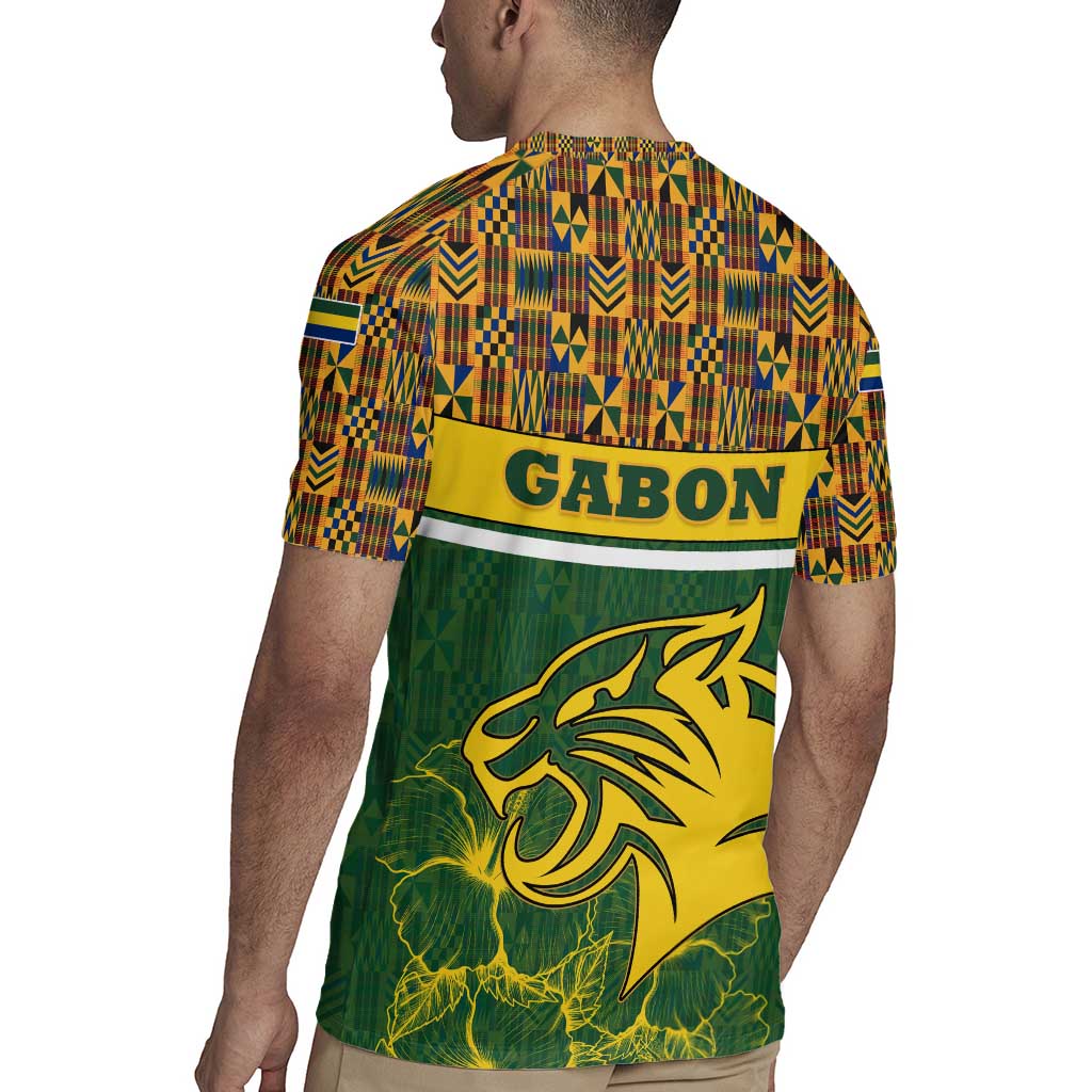 Gabon Rugby Jersey with Tribal Print and Fierce Panther Graphic in National Flag Colors - Wonder Print Shop