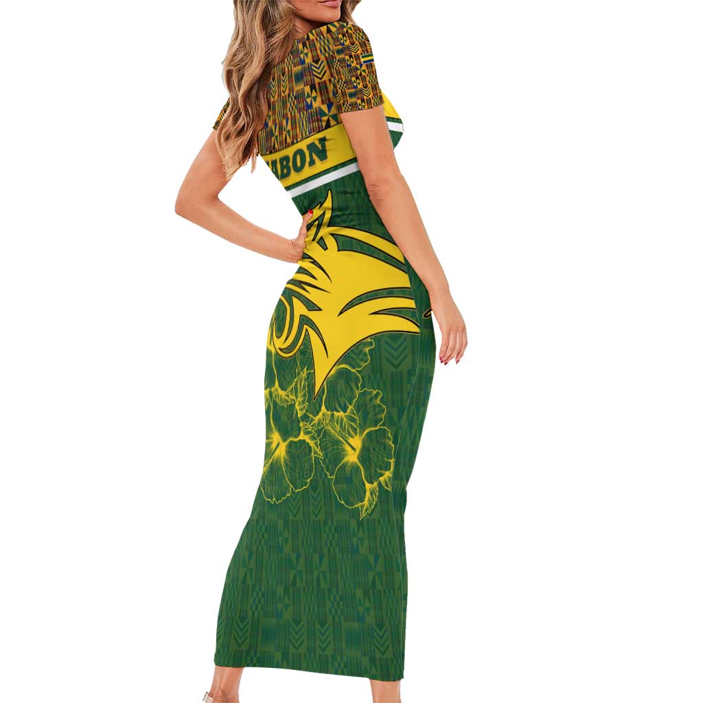 Gabon Short Sleeve Bodycon Dress with Tribal Print and Fierce Panther Graphic in National Flag Colors - Wonder Print Shop