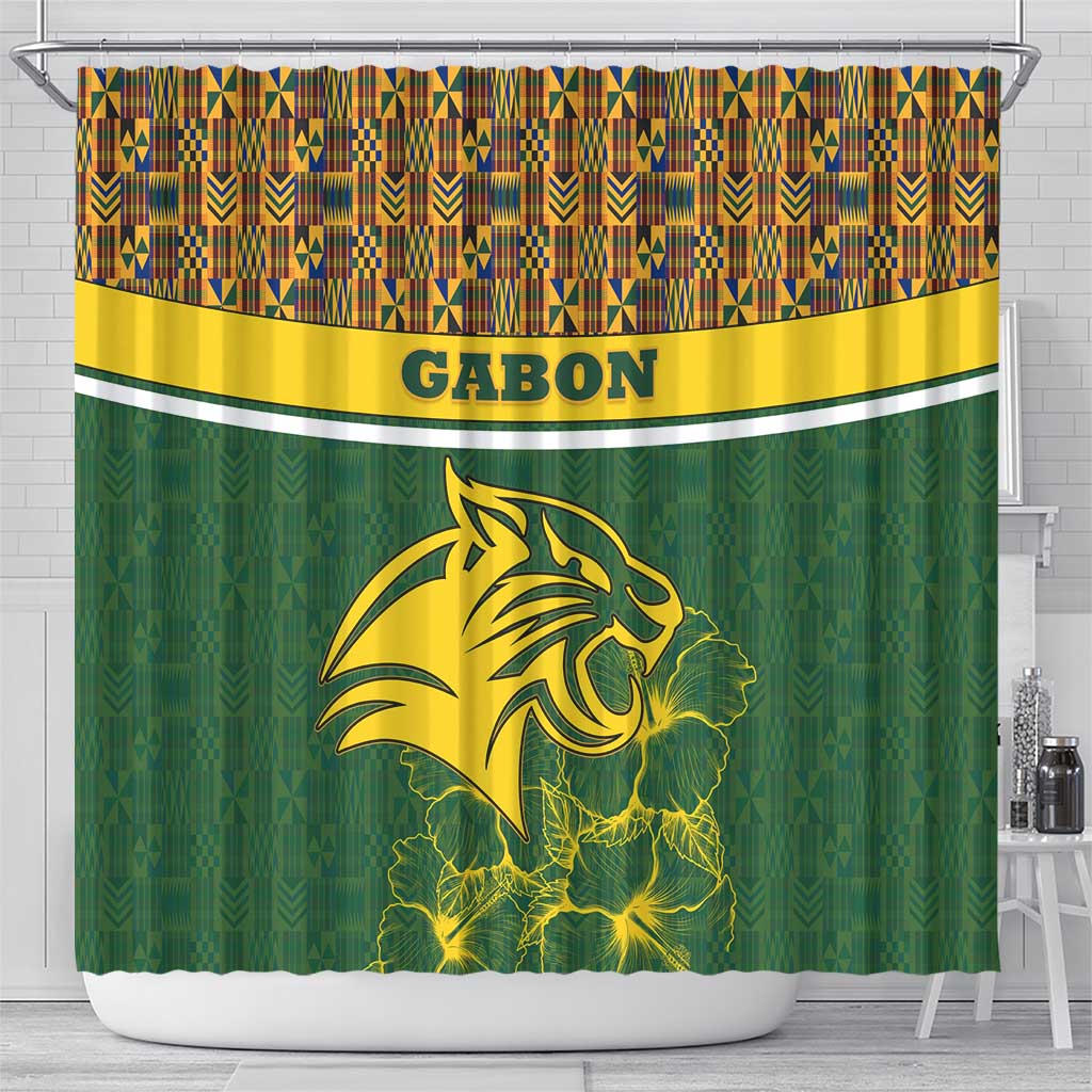 Gabon Shower Curtain with Tribal Print and Fierce Panther Graphic in National Flag Colors - Wonder Print Shop