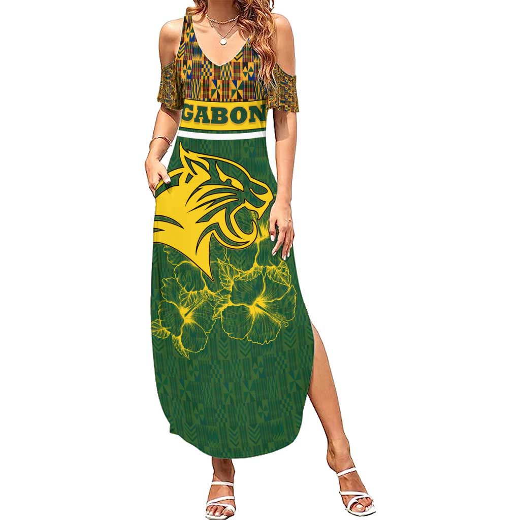 Gabon Summer Maxi Dress with Tribal Print and Fierce Panther Graphic in National Flag Colors - Wonder Print Shop