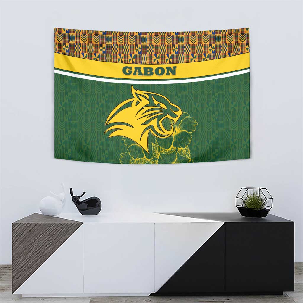Gabon Tapestry with Tribal Print and Fierce Panther Graphic in National Flag Colors - Wonder Print Shop