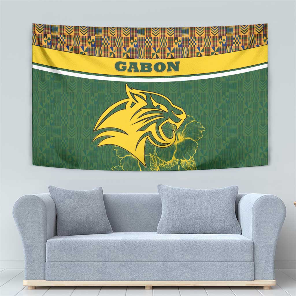 Gabon Tapestry with Tribal Print and Fierce Panther Graphic in National Flag Colors - Wonder Print Shop