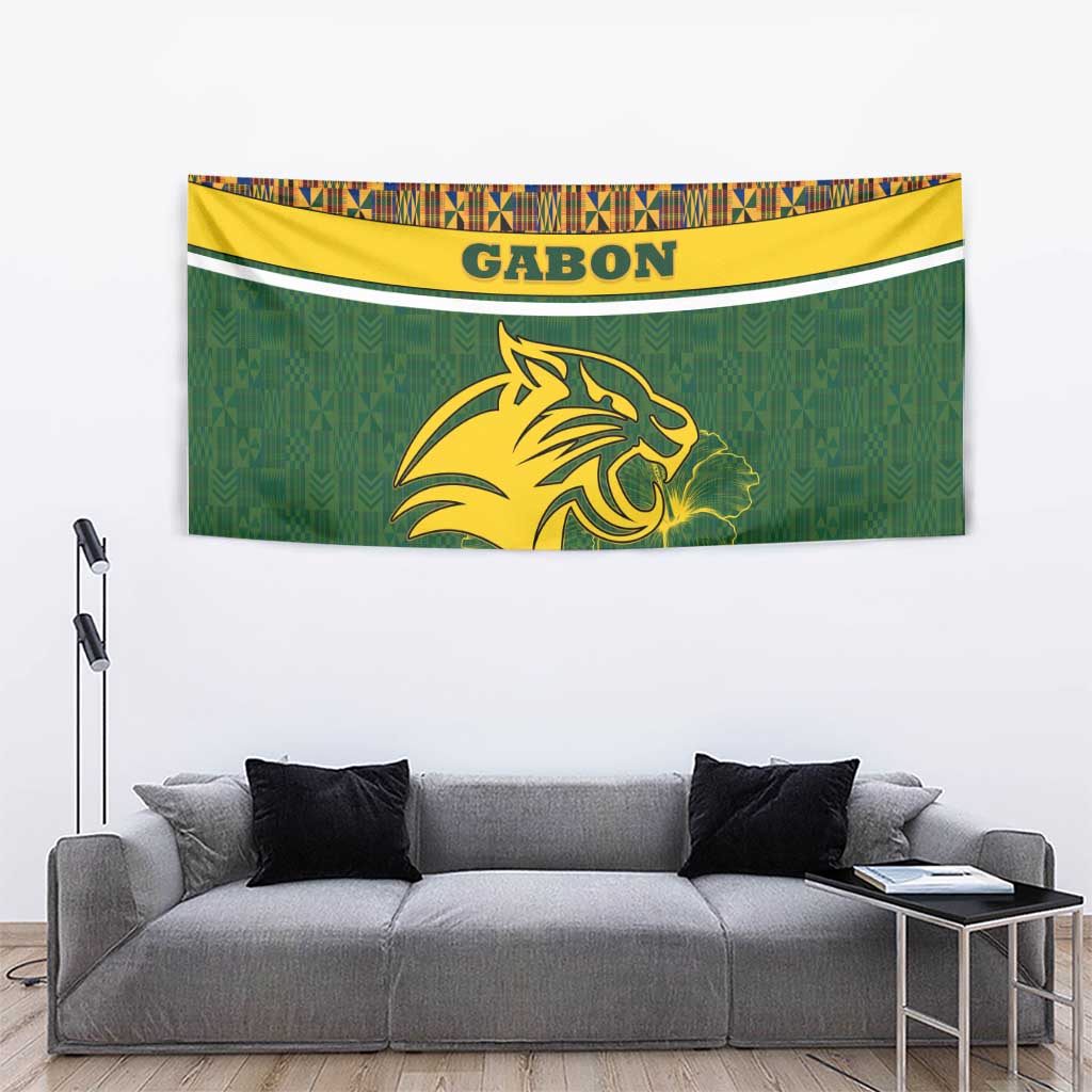 Gabon Tapestry with Tribal Print and Fierce Panther Graphic in National Flag Colors - Wonder Print Shop