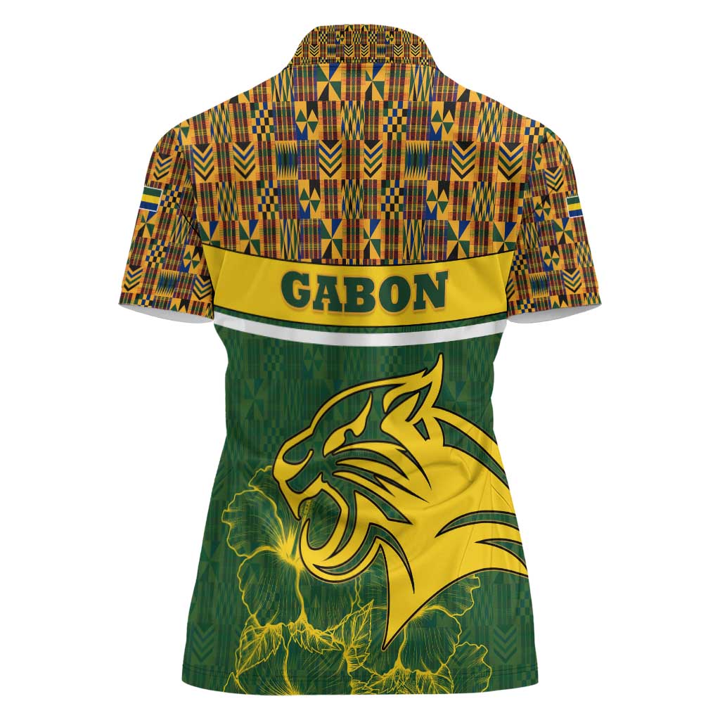 Gabon Women Polo Shirt with Tribal Print and Fierce Panther Graphic in National Flag Colors - Wonder Print Shop